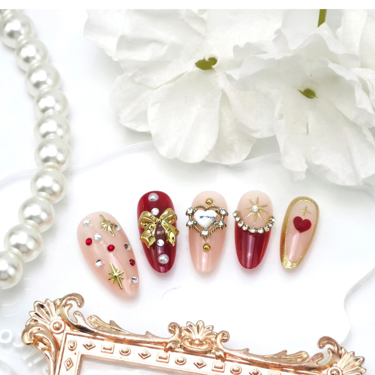 24Pcs Valentines Press on Nails Medium Almond Fake Nails 3D Gold Bow Pearl Rh…