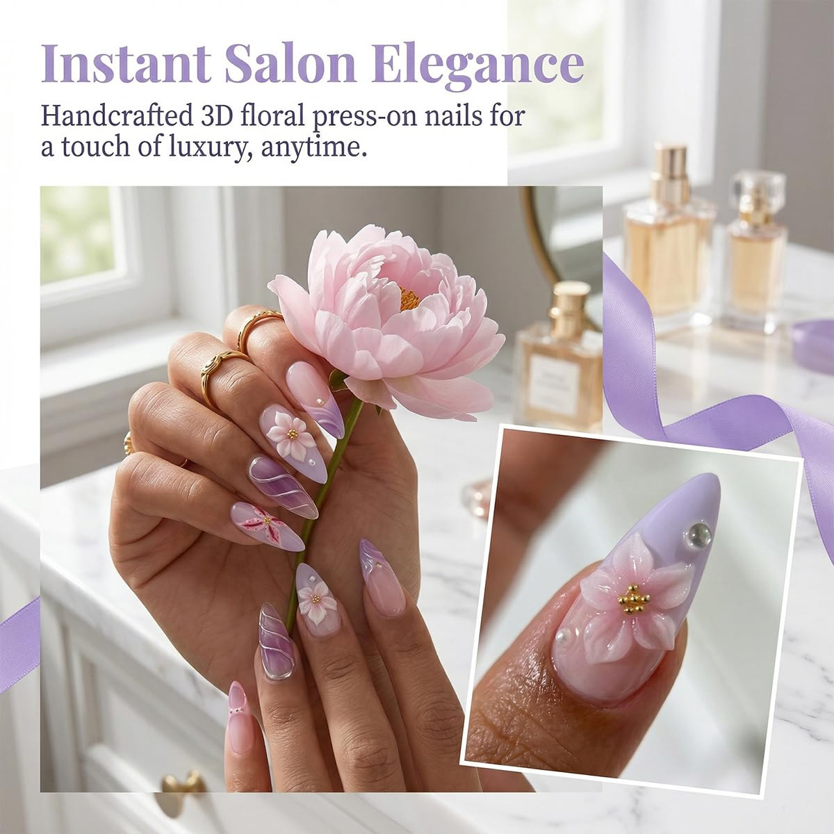 Medium Almond Press on Nails with 3D Flower Pearl Purple French Tip | 24Pcs Nail