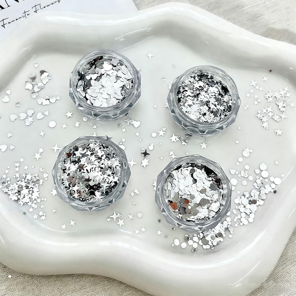 4 Jars Silver Glitter for Nails Design Shiny Nail Glitter Flakes Sparkling Si…