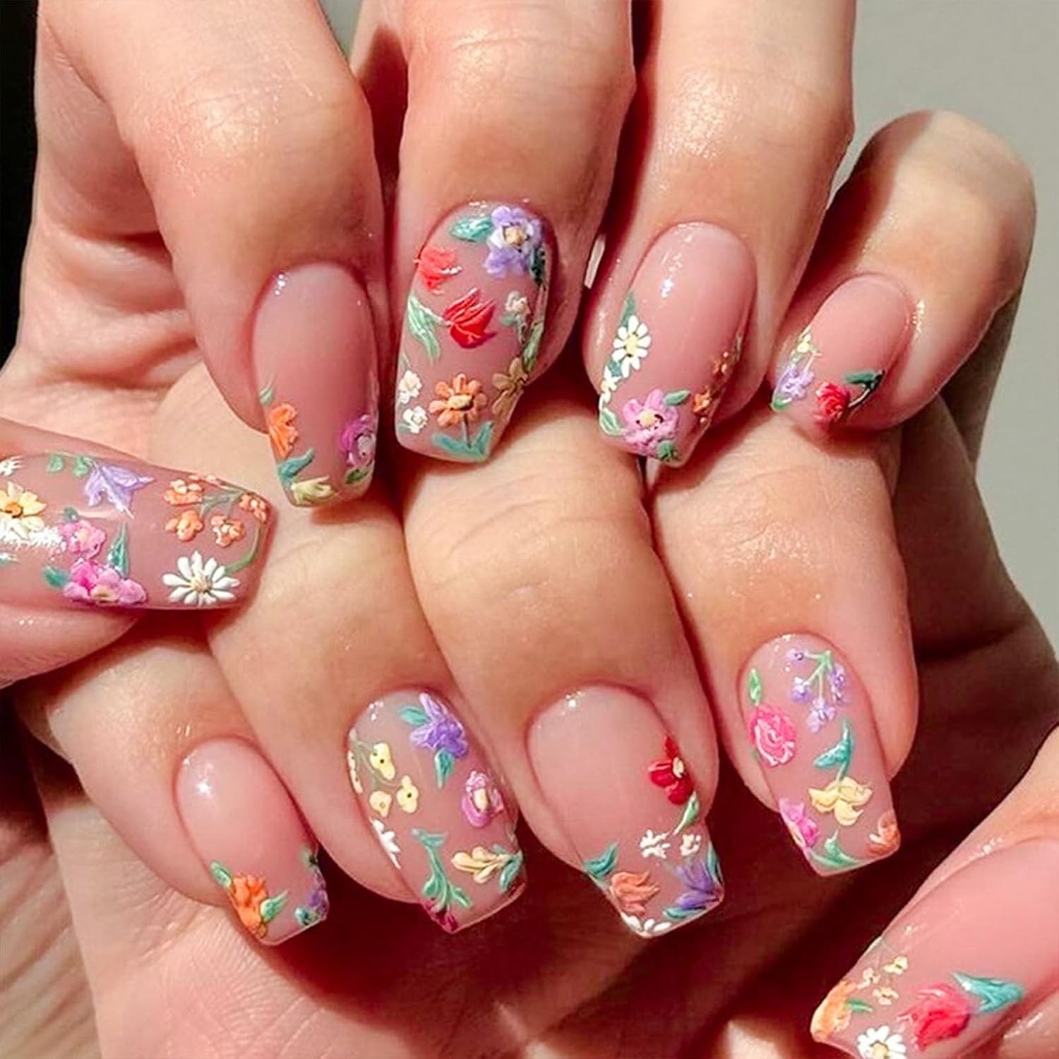 Acrylic Press On Nails Medium Colorful Floral Design Perfect for Any Occasion