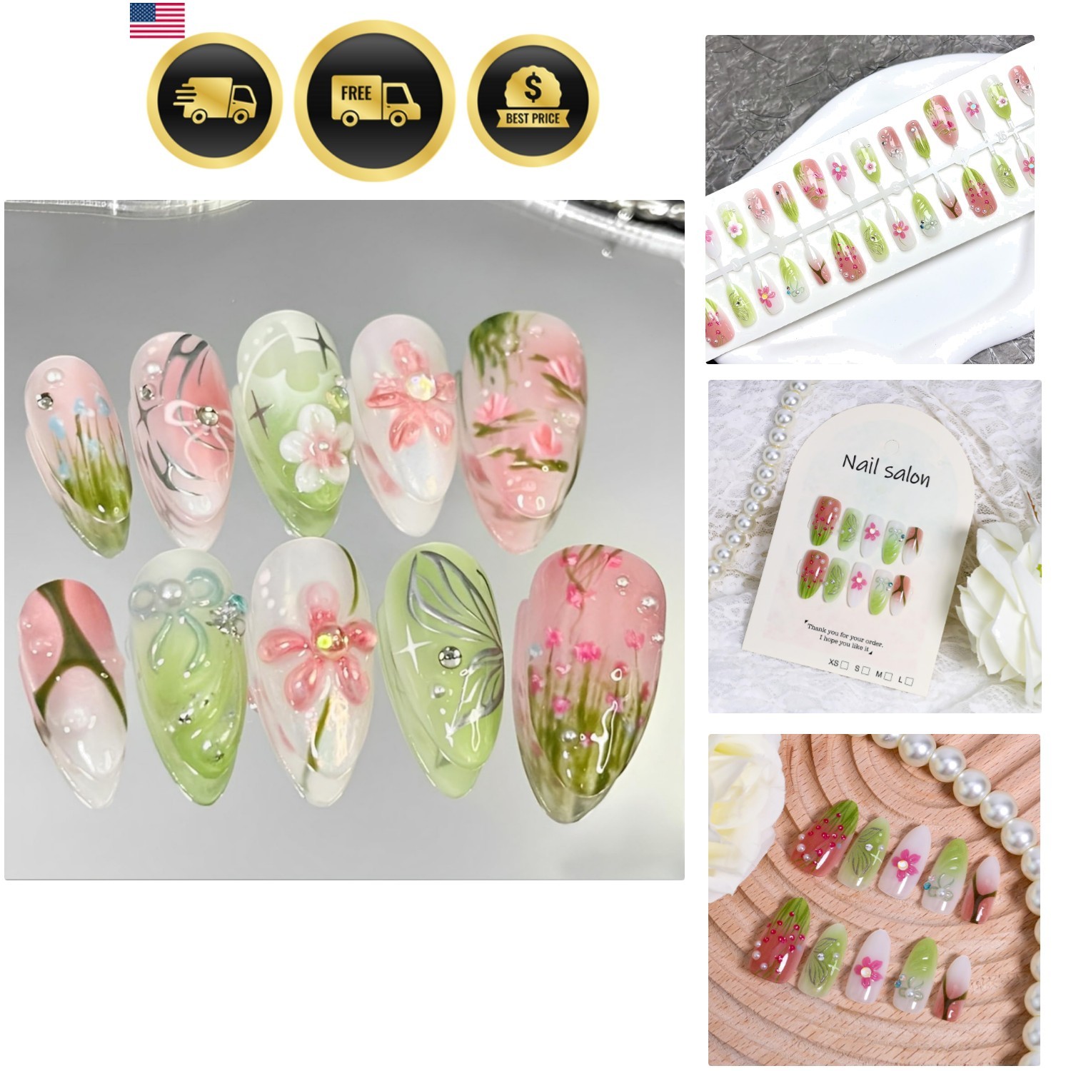 30Pcs 3D Flower Press-on Nails Medium Almond Acrylic False Nails with Bow Pea…