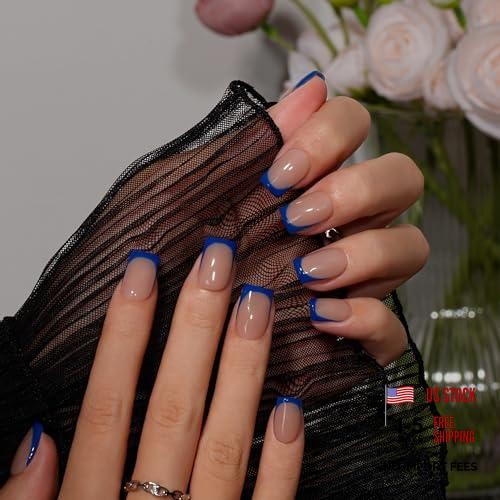 French Tip Press On Nails – Short Square – 30 Pcs – Royal Blue