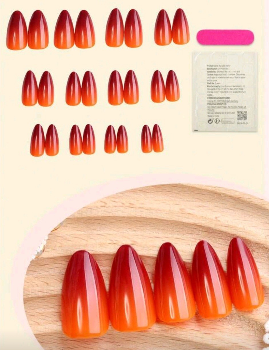 Press-On Nails Sunset Orange Ombre Summer of Love Long Shiny