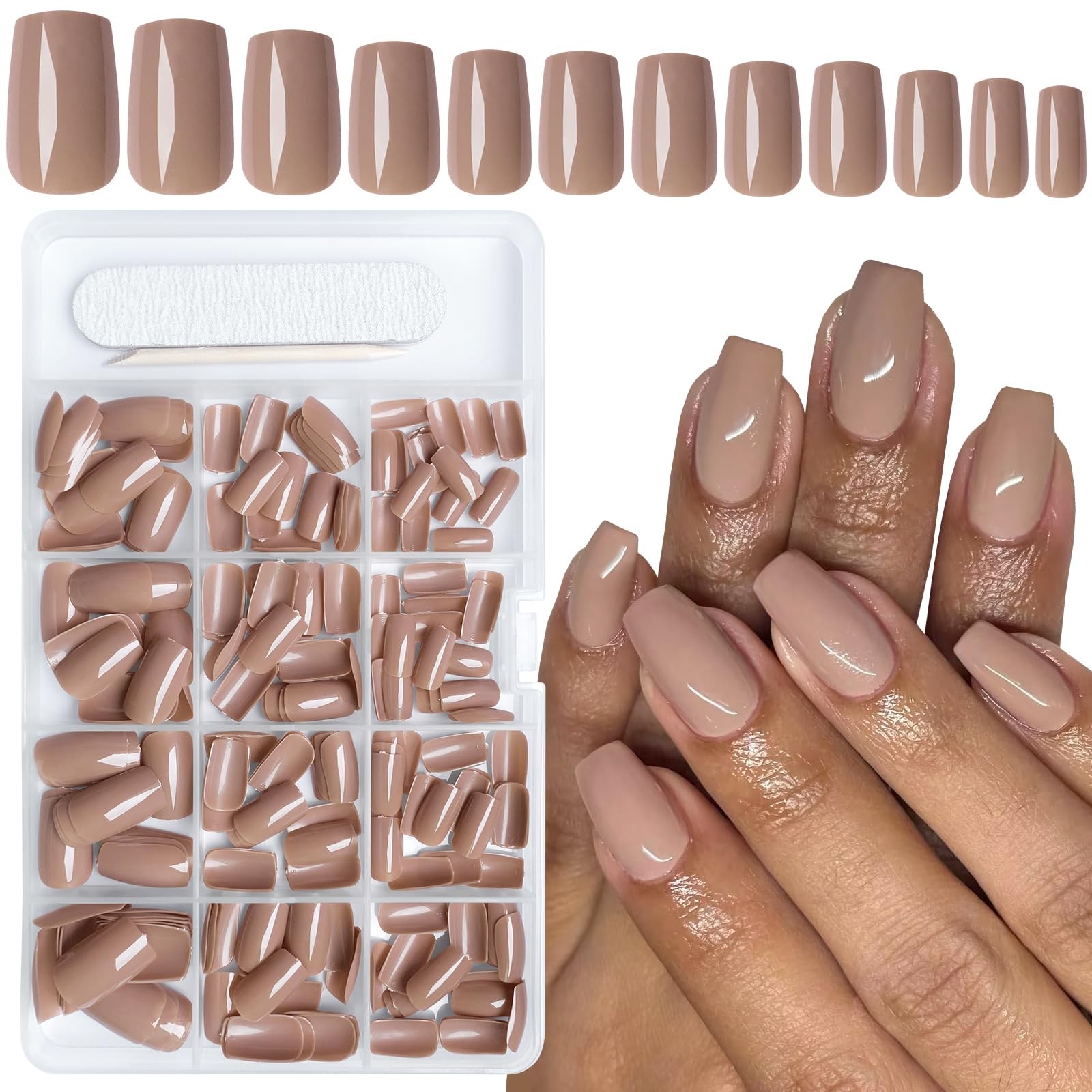 AddFavor 240pcs Brown Press on Nails Medium Square Fake Nails, 10 Size,