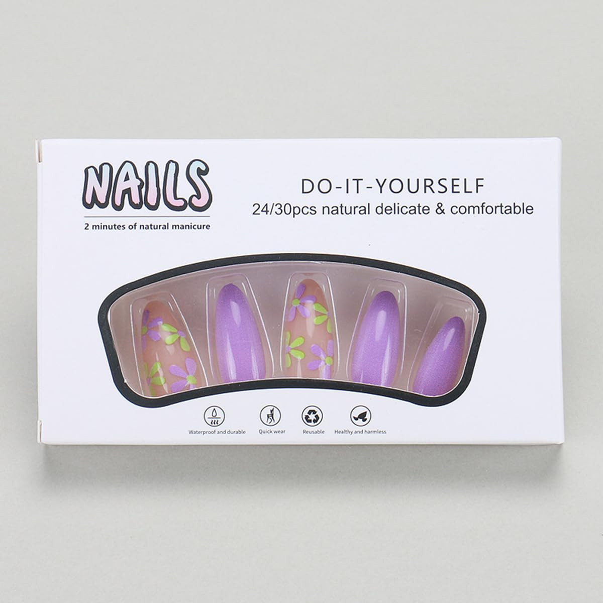 24Pcs Purple Flower Press on Nails Almond Medium Fake Nails Floral Glue on Nails