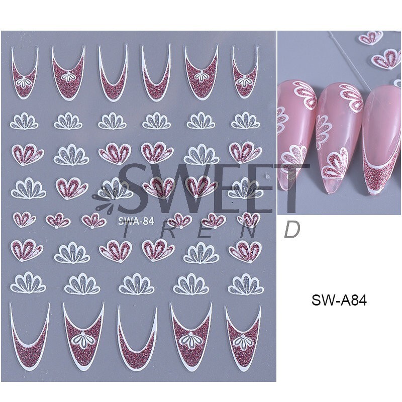 2Pcs White Pink Glitter Flower Floral Star French Nail Art Stickers Decals NH28