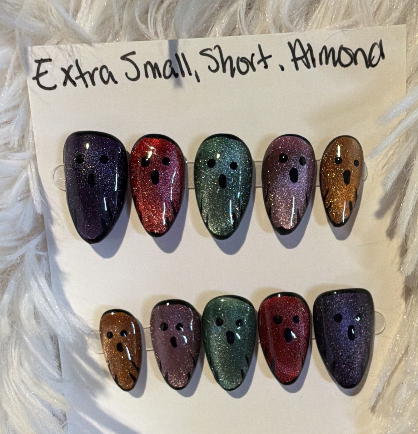 Short Almond Press-On Nails Full Cover Pre-Designed Multicolor cateye Halloween