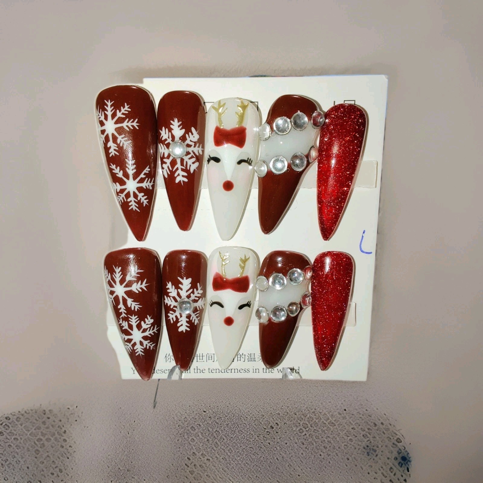 Red White 3D Glitter Christmas Reindeer Snowflake Long Stiletto Press-On Nails