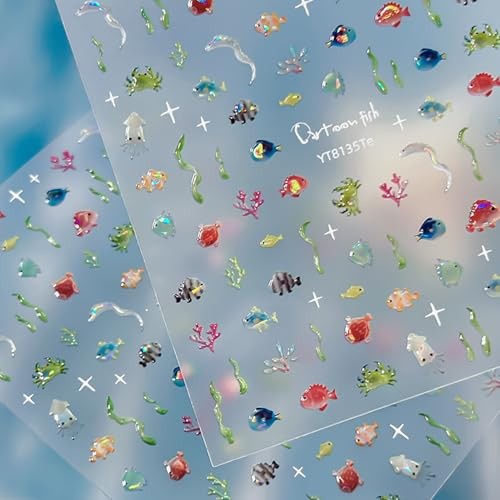 Ocean Fish Nail Stickers Self-Adhesive Cute Nail Decals Cartoon Seaweed Style 6