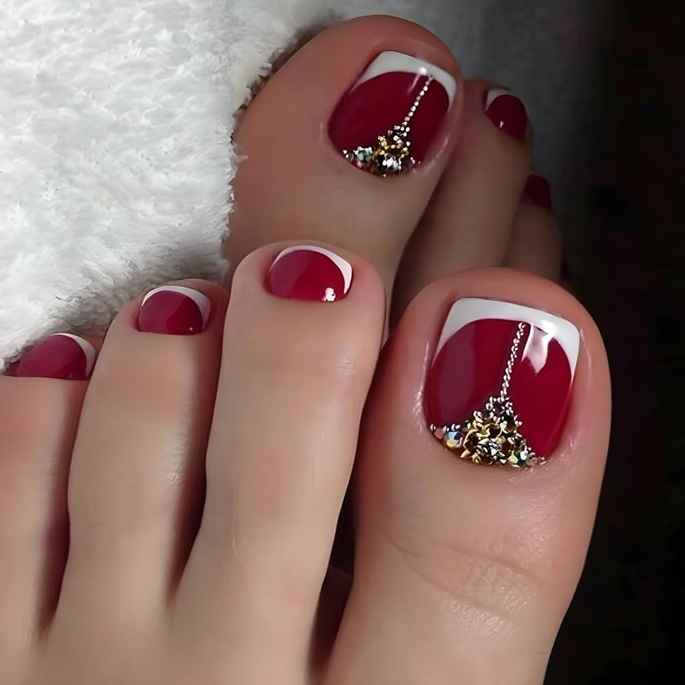 Red Press on Toenails French Tip Fake Toenail Rhinestone False Nail for Toe R…