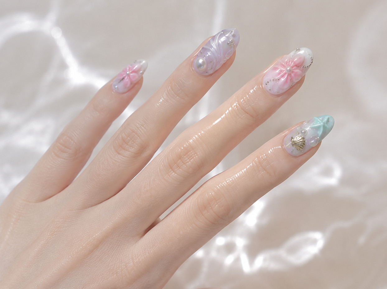 24Pcs Middle Length French Press On Nails 3D Pearl Almond