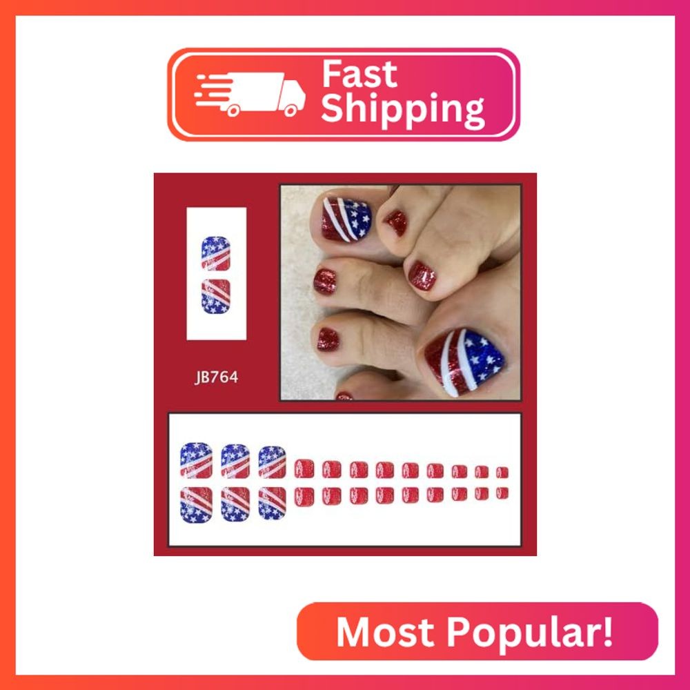 24Pcs 4th of July Press on Toenails Short Square Fake Toe Nails Glitter Designs
