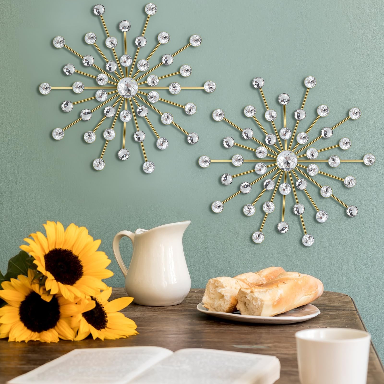 Barydat 6 Pcs Metal Starburst Wall Decor Bling Crystal Wall Art Rhinestone Su…