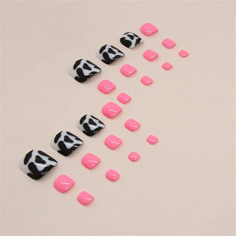 Glossy Pink False Nail Animal Print Short Toe Press on Nails for Nail Art 24pcs