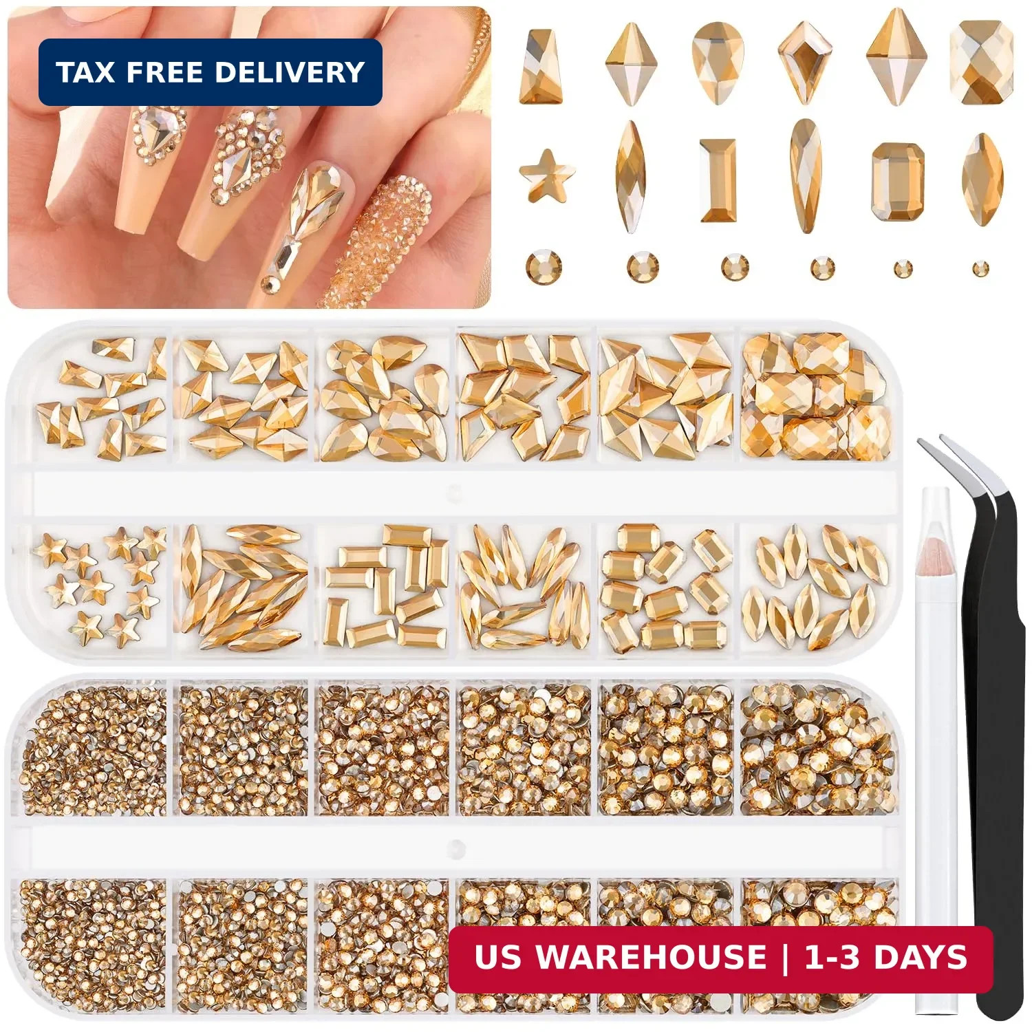 3220Pcs Gold Nail Rhinestones, 1.5-4mm Mini Flatback Crystal & 3D Multi Shapes G