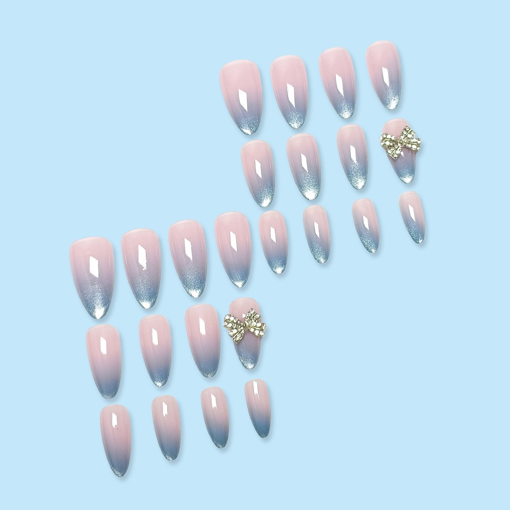 48P Long Almond Press on Nails, Silver Blue Ombre Rhinestone Bow Fake Nails