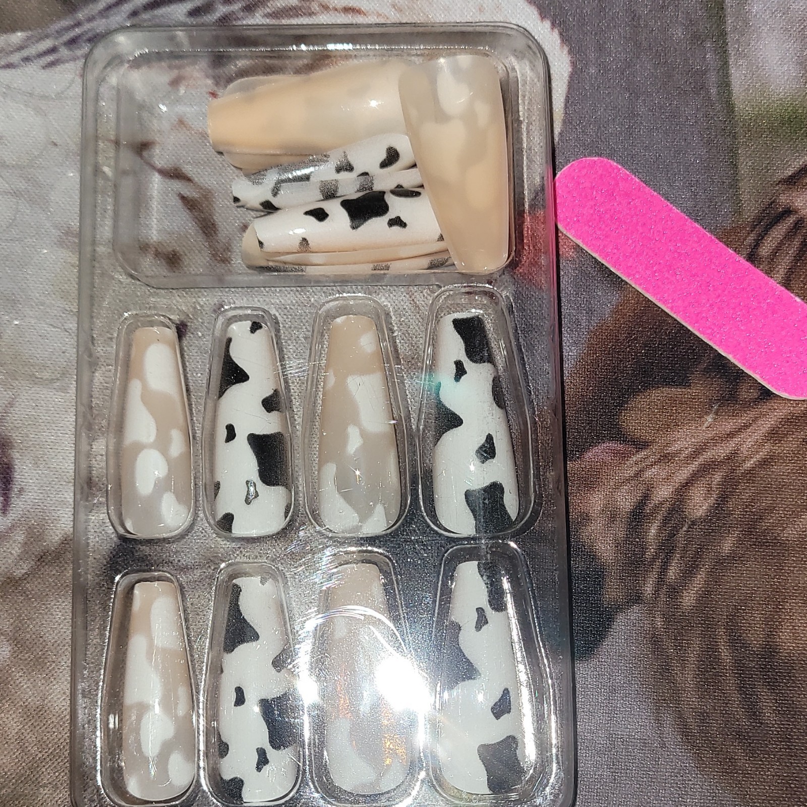 Beautiful Nail Long Coffin Full Cover Glossy Press-On Artificial Nails Cow Print