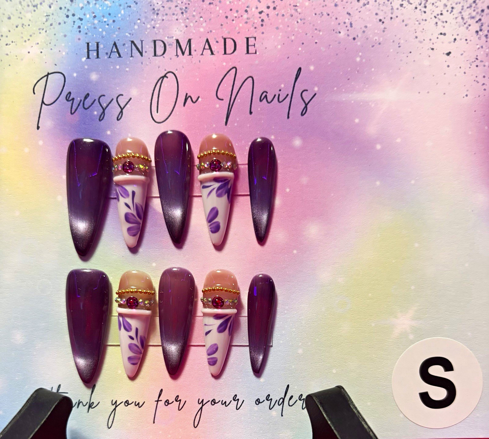 Handmade Purple/Gold/White Floral Coffin Press-On Nails, Shiny Long, S Acrylic