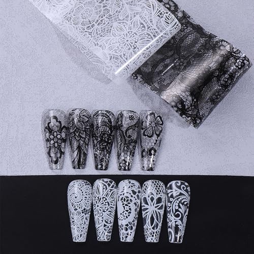 10 Rolls Lace Nail Art Foil Transfer Sticker Kit Black White Flower Foil W2