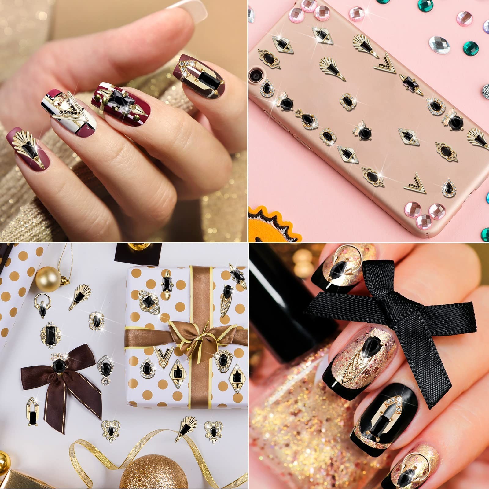 24 Pcs 3D Nail Charms – Gold & Black Rhinestones for Acrylic Nails, DIY Art Stor