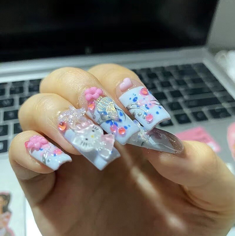 Hello kitty French Flower Handmade Artisan Press On Nails