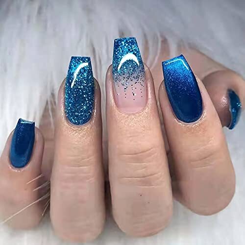 Medium Coffin Press on Nails, Blue Ombre Fake Nails, Glossy Glue on 07001Blue