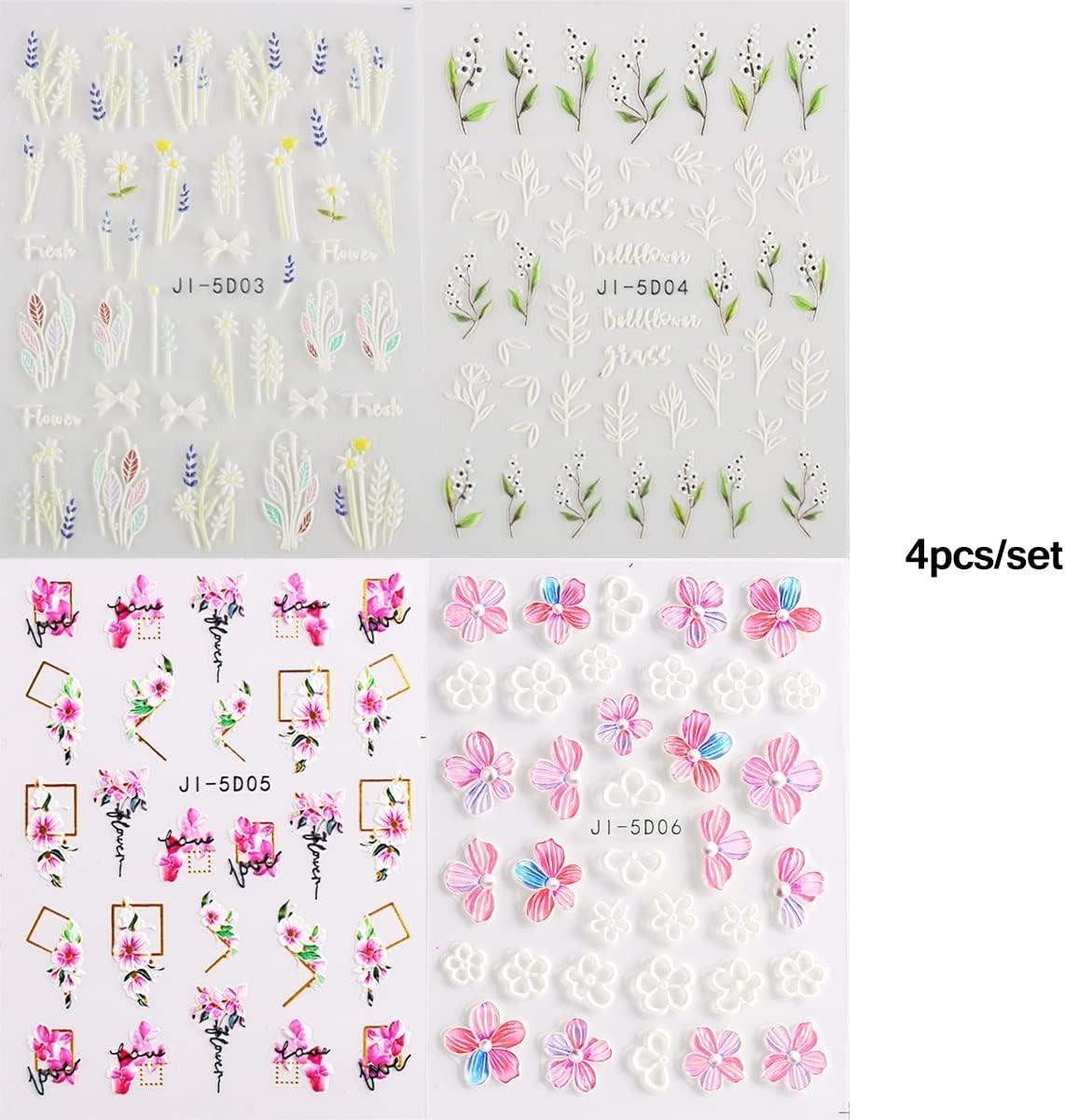 5D Nail Art Stickers 4 Sheets Pink Flowers Geometric Lines Decor Acrylic Embo…