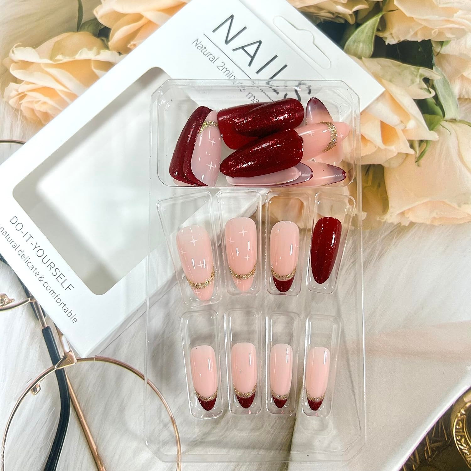 Press on Nails Tip Almond Medium Length, Artificial Fake Nails with Gold Sequ…