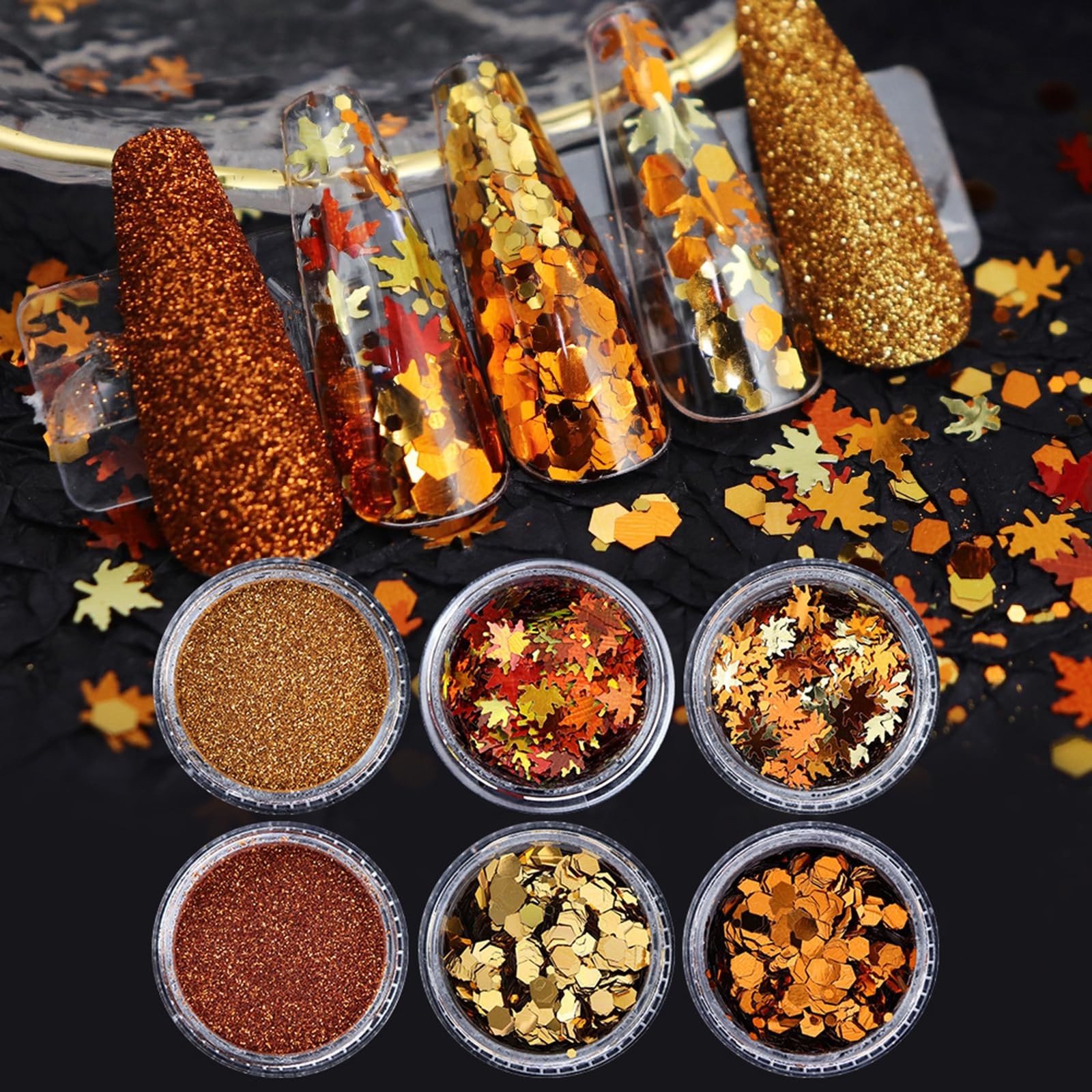 Golden Fall Nail Art Glitters Maple Leaf Nail Sequins Set of 6 Jars, Autumn L…