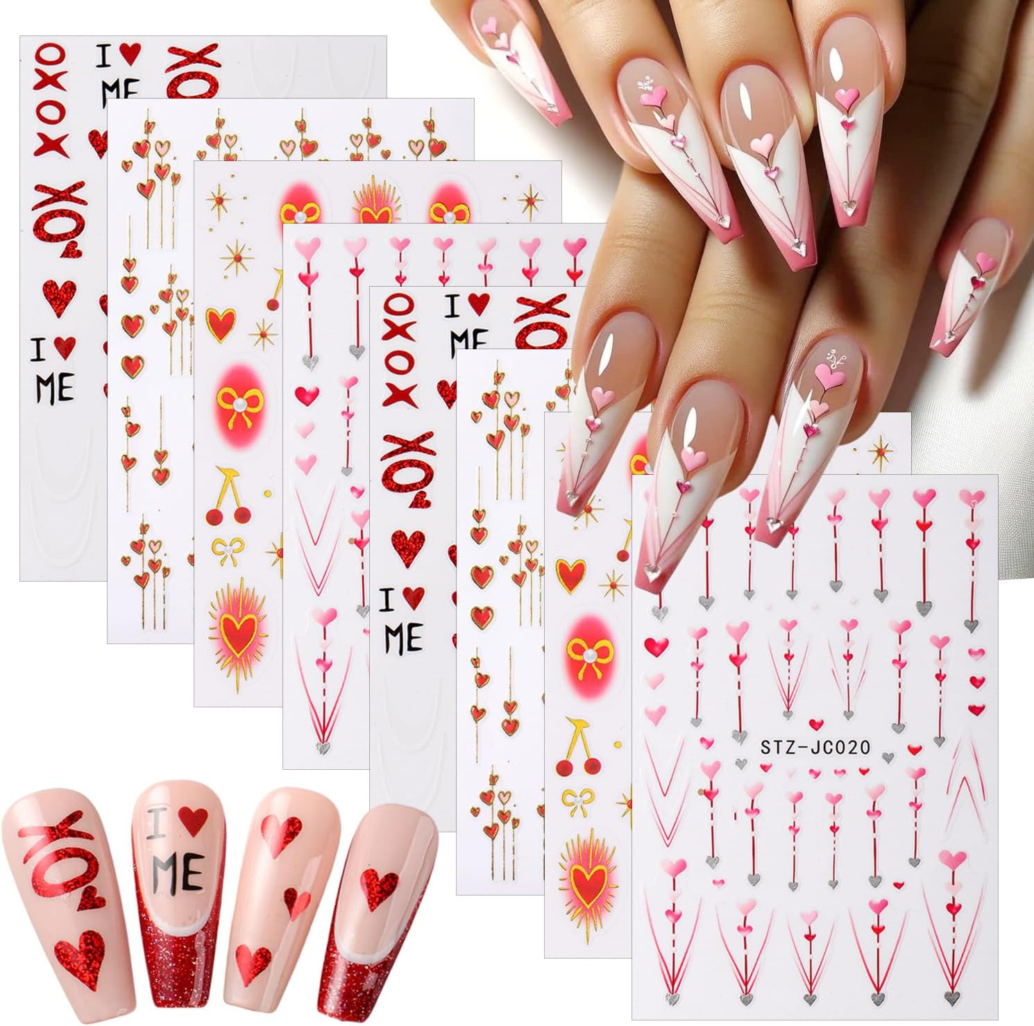 8 Sheets 3D Red Pink Hearts Nail Art Stickers Decals Valentine Style 01