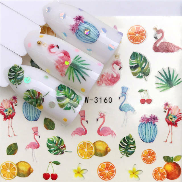 Nail Art Water Transfer Sticker Palm Tree Aloha Feather Flamingo Bird Decals DIY