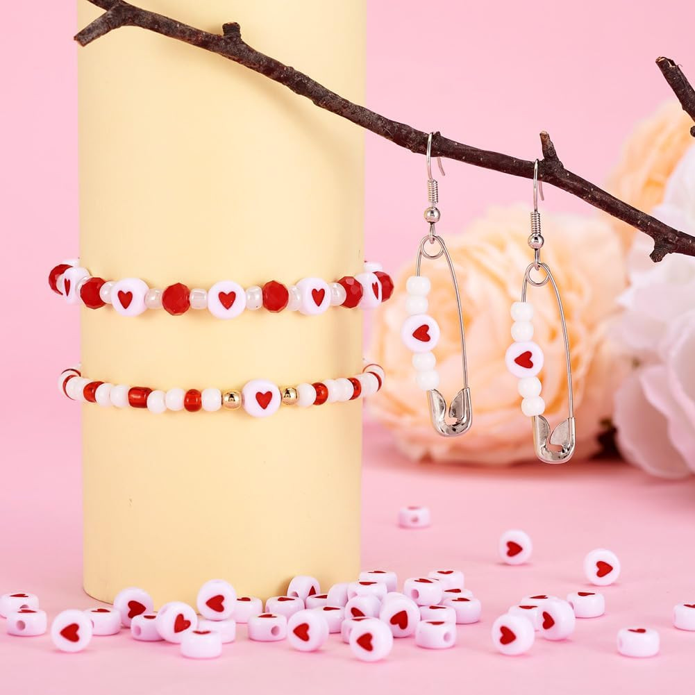 200Pcs White Acrylic Red Heart Beads Flat round Love Heart Disc Coin Pony Beads