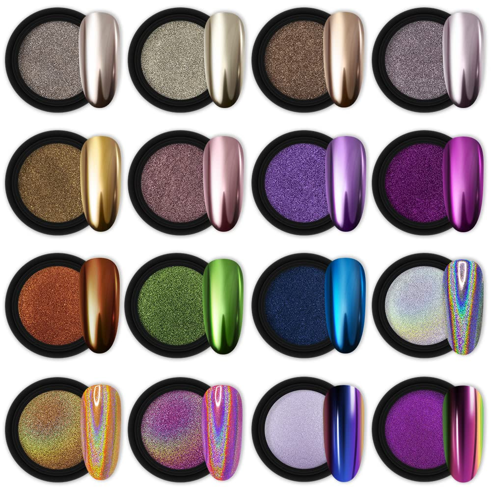 16 Jars Chrome Nail Powder Metallic Mirror Effect Holographic Aurora Chameleon