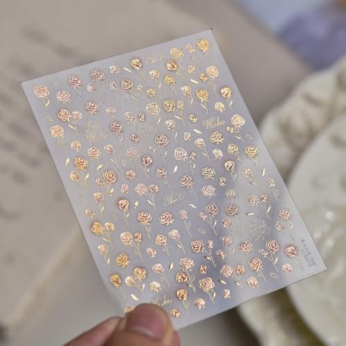 Flower Nail Stickers Rose Nail Art Decals with Gold Design 5D Embossed Color03