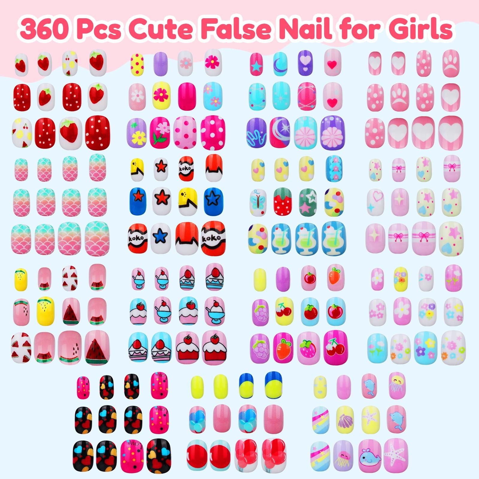 360 Pcs Kids Press On Nails, 15 Styles 12 Sizes Press On Nails for Kids Girls…