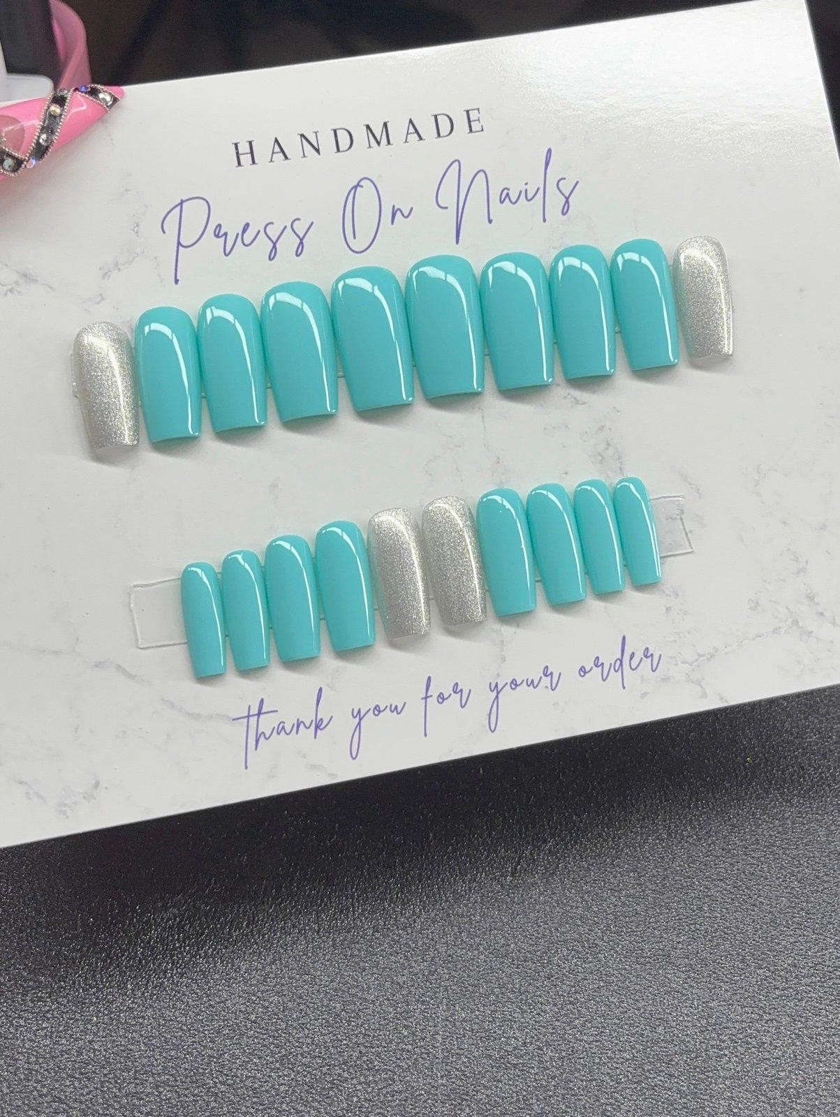 Medium square Press on nails silver glitter teal light blue handmade custom gel