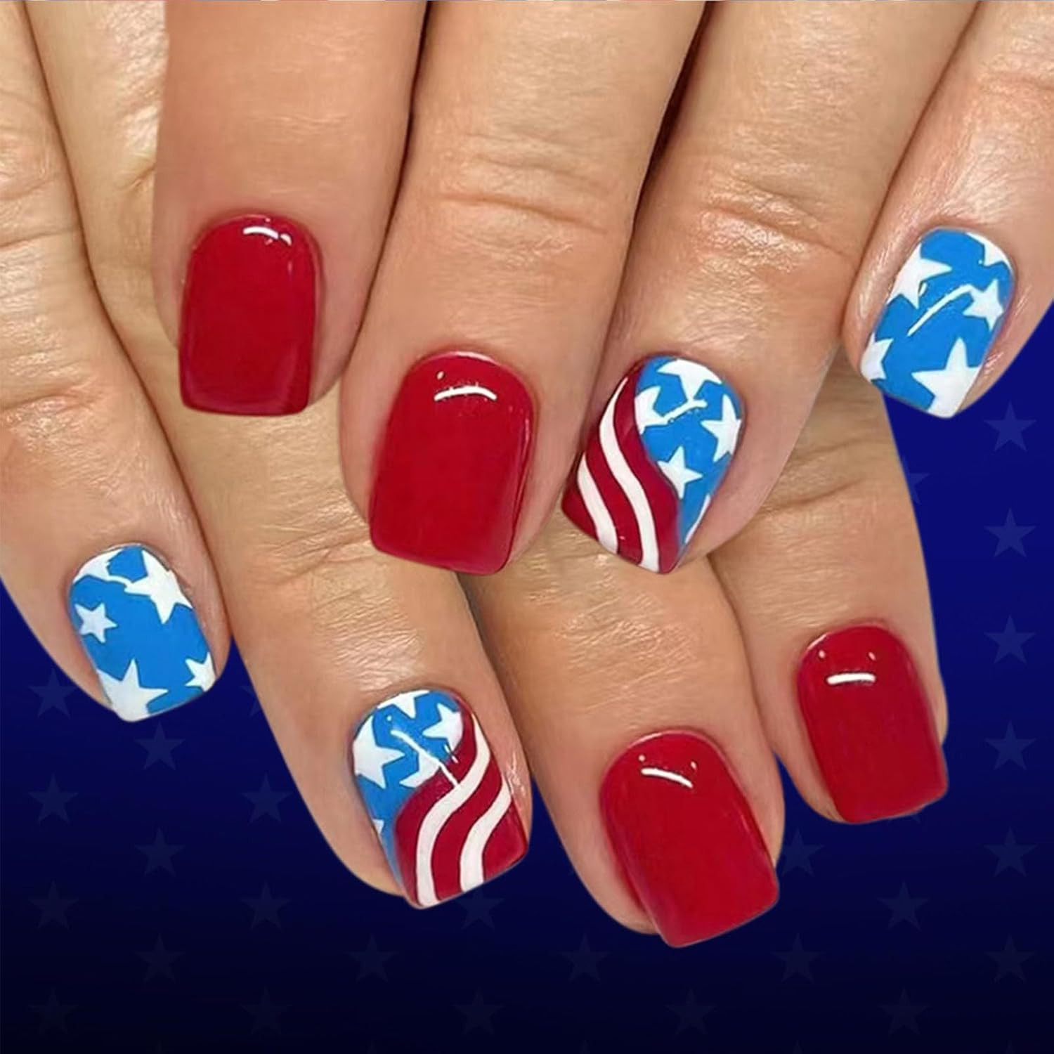 4Th of July Press on Nails Short Square Fourth of July Fake Nails with Stars Red
