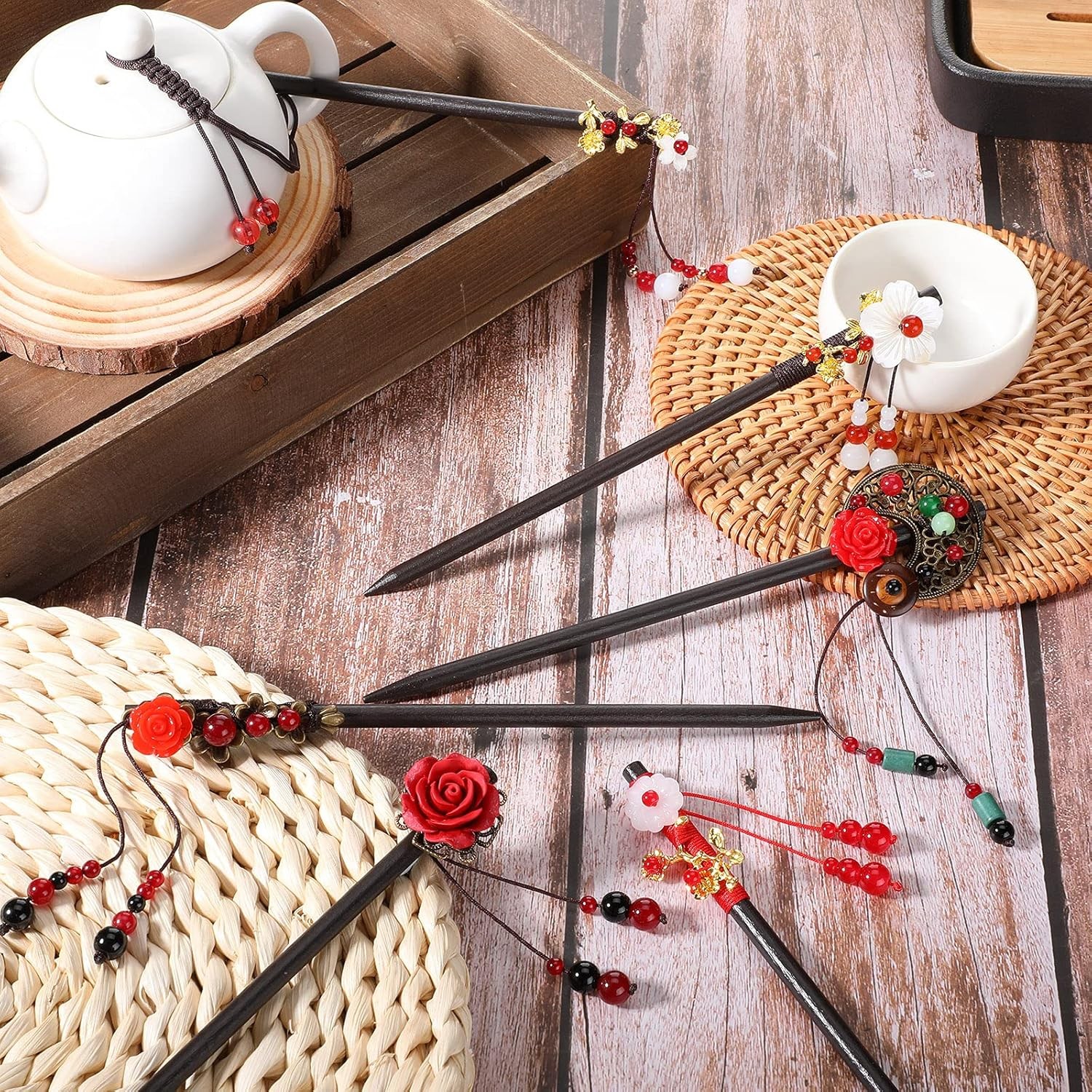 WILLBOND 6 Pcs Hair Sticks for Women Wooden Chinese Multicolor