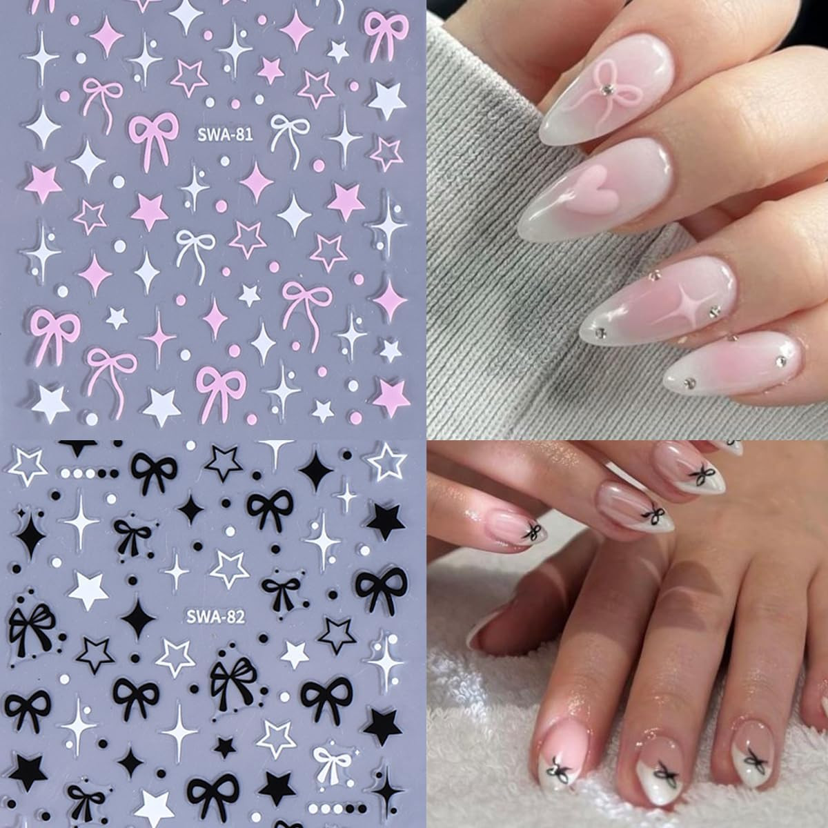 Bow Heart Star Nail Stickers for Nail Art Bows Nail Decals 3D Self Adhesive Nail