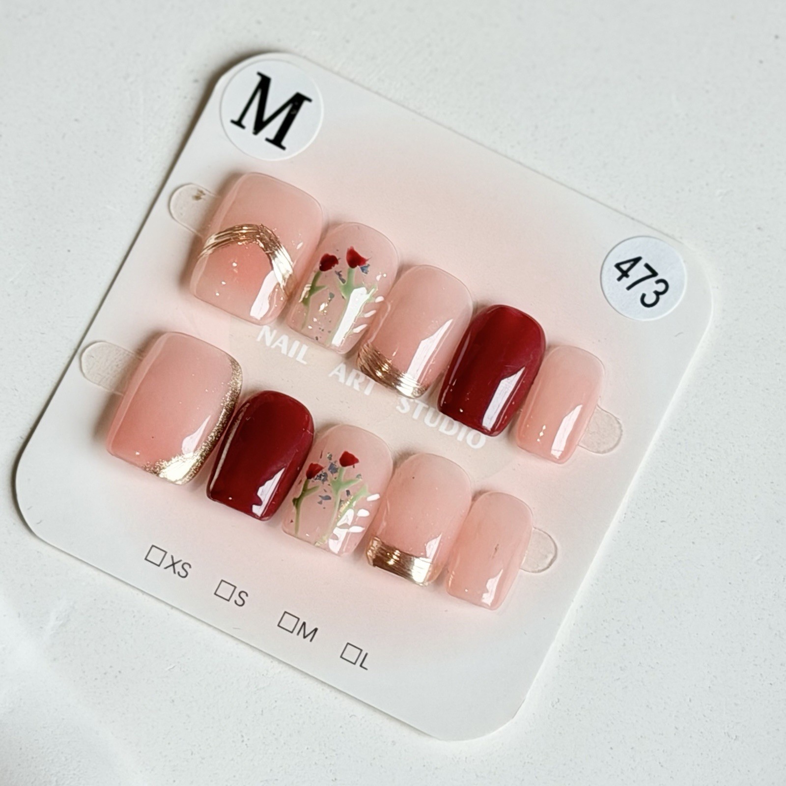 Handmade Pink Red Flower AB Press-On Nails Short Square Size M Reusable 473