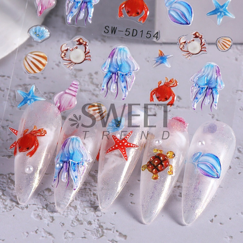 Summer Ocean Dolphin Shell Star Footprint Stickers 5D Embossed Nail Art Decals