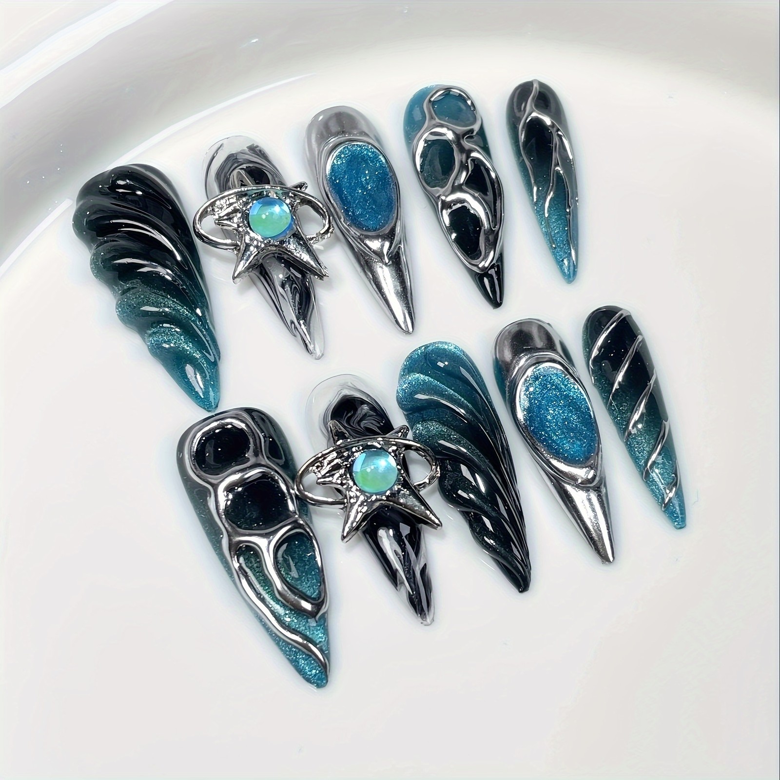 10Pcs Handmade Blue Long Stiletto Metal Y2K Nails,Christmas Style