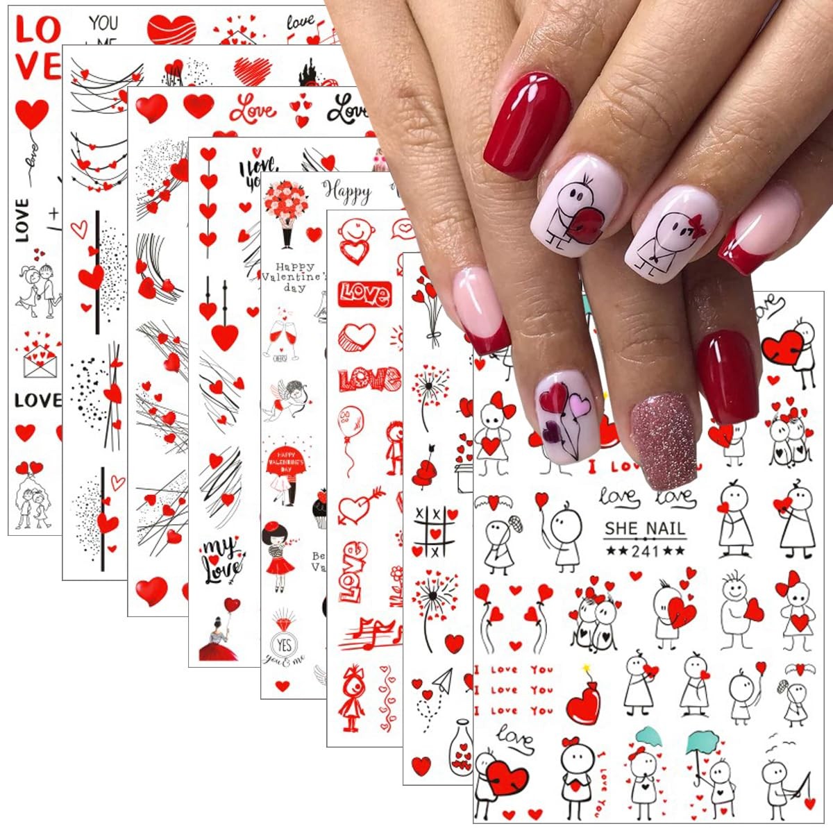 8Sheets Valentine’s Day Nail Art Stickers 3D -Adhesive Nail Decals Valentines…