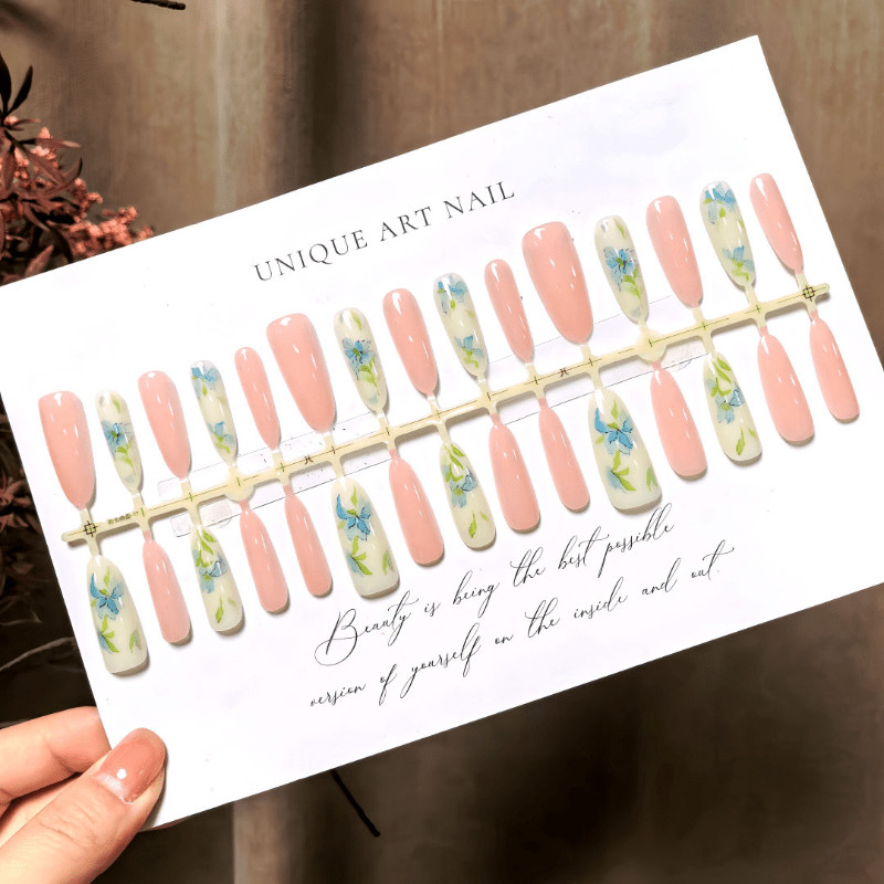 60pcs Almond Press on Nails, Nude Clear Watercolor Blue Floral Elegant Nails