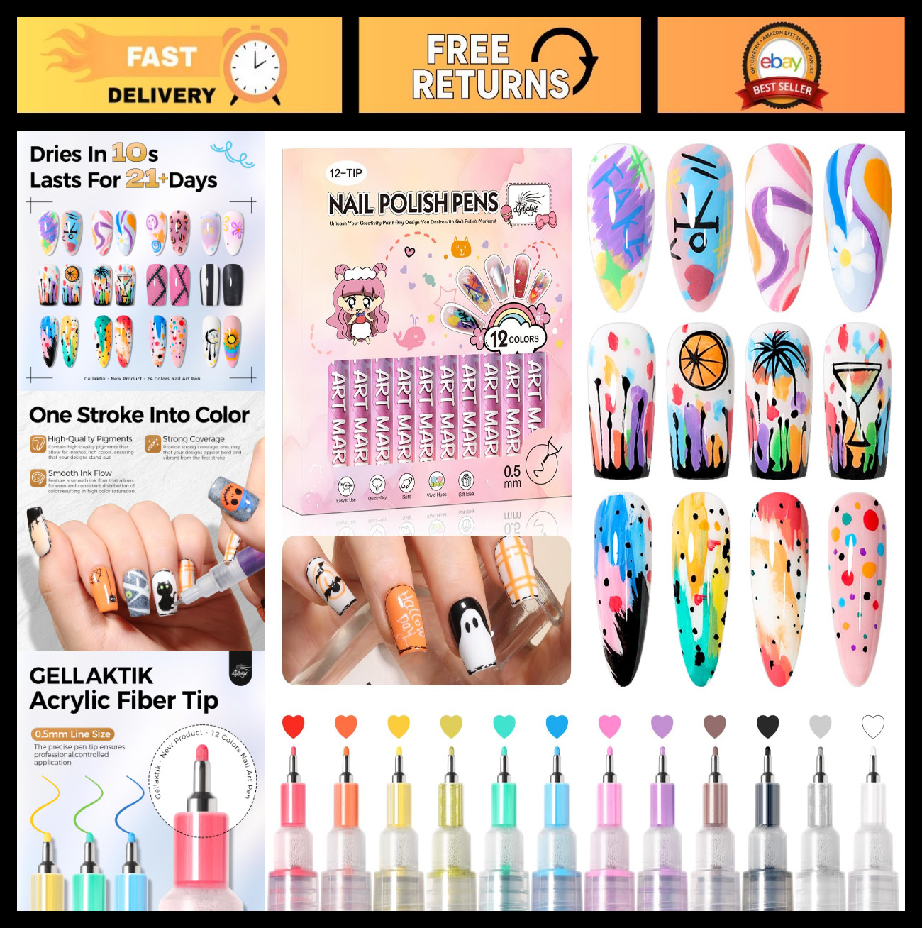12 Colors Nail Art Pens Set – 0.5mm Fine Tip Markers for 3D DIY Manicure & Paint