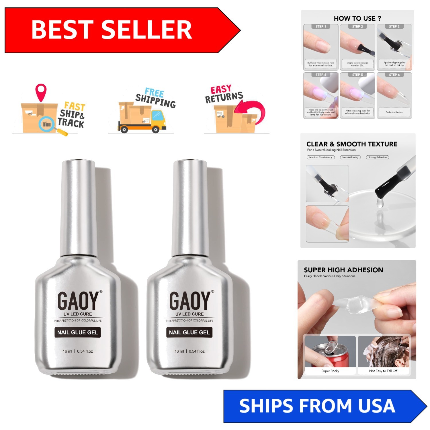 Clear Gel Nail Glue 16ml Duo Pack for Acrylic Tips – UV Light Cure Formula