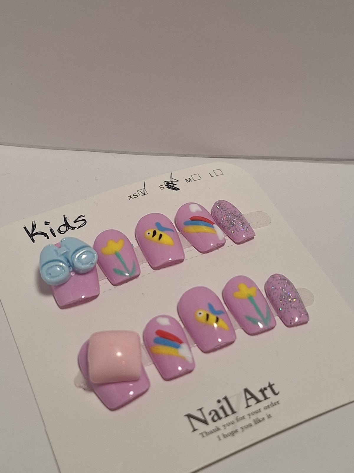 XS Press-On Nails Nail Art Pink Yellow Blue 3D Glitter Square Bee Flower Rainbow