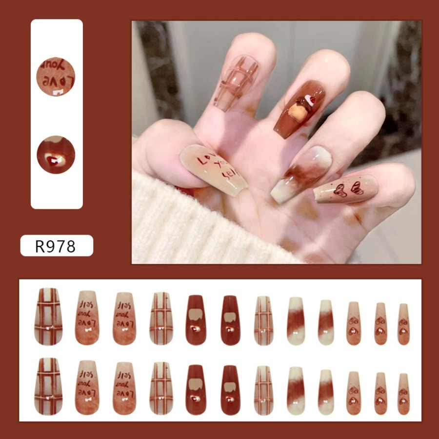 48pcs-Chocolate Brown Press on Nails with Bow Prints and Inspirational Quotes