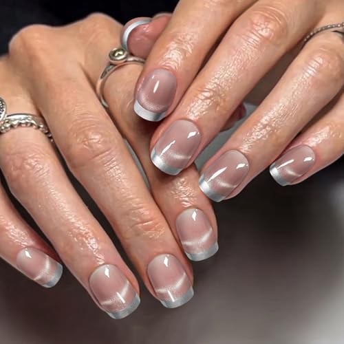 Silver French Tip Press on Nails Square Cat Eye Fake Nails with Short MY004