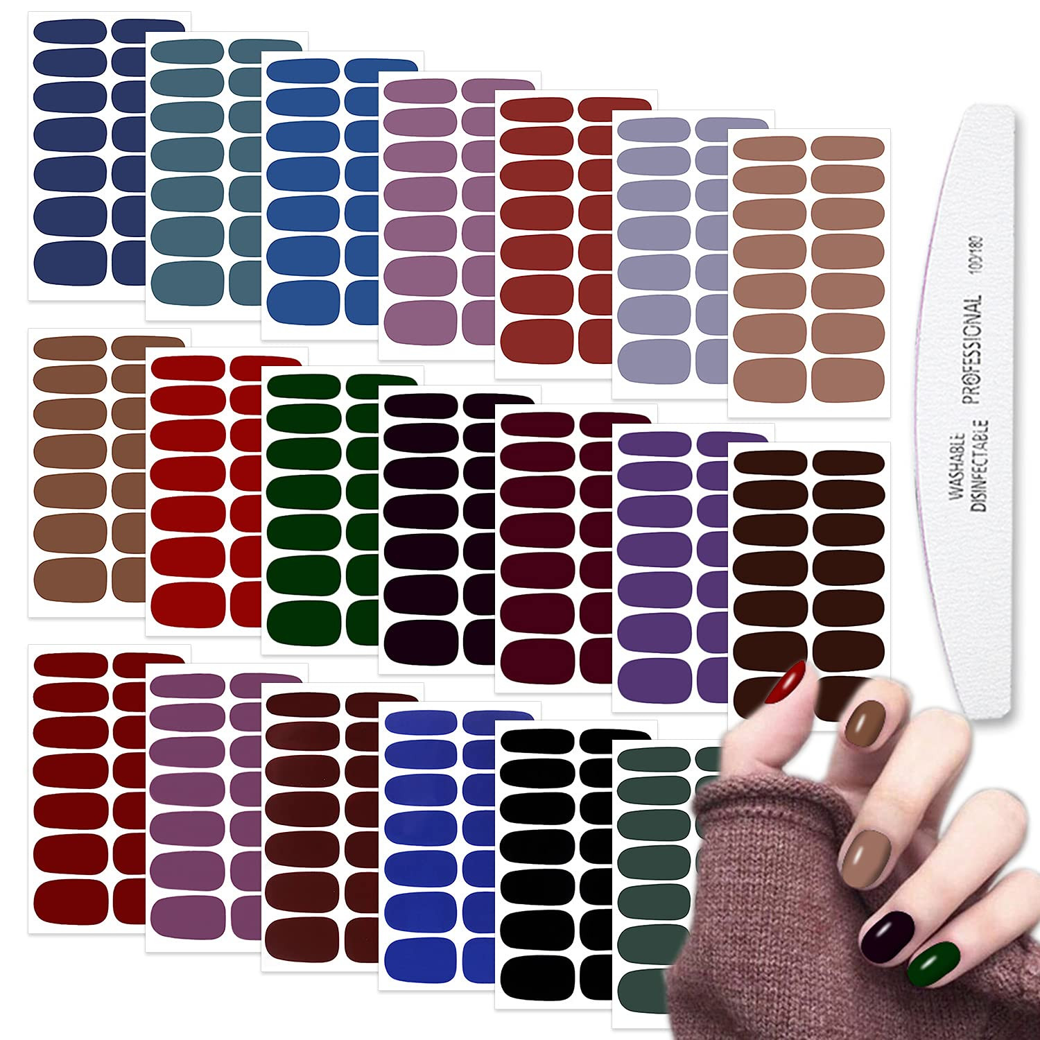 20 Sheets Dark Solid Color Series Nail Polish Strips Stickers with Nail File Sel